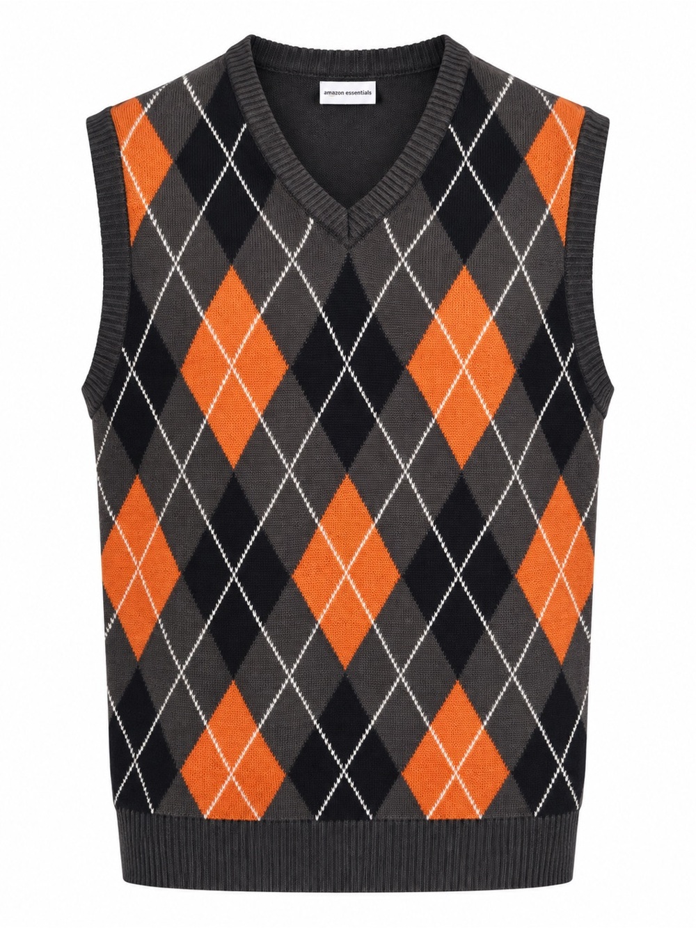 Amazon Essentials Orange and Gray Argyle V-Neck Sweater Vest